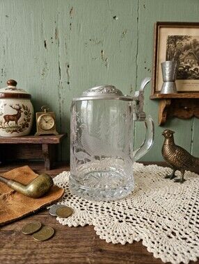 Vintage ALWE W. Germany Etched Glass Beer Stein with Pewter Lid - Pheasant Scene